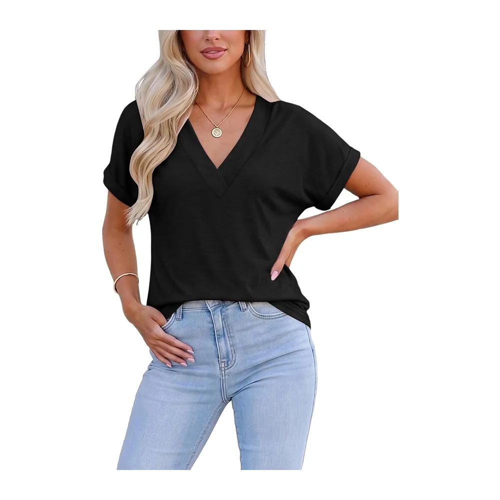 Tee Shirt Col V Manche Courte Tshirt Ete Décontracté Haut — Noir