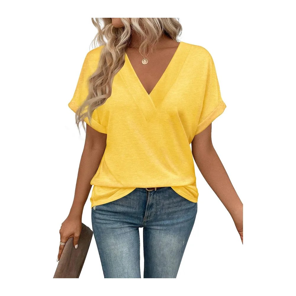 Tee Shirt Col V Manche Courte Tshirt Ete Décontracté Haut — Jaune