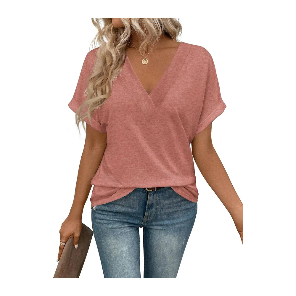 Tee Shirt Col V Manche Courte Tshirt Ete Décontracté Haut — Rose Foncé