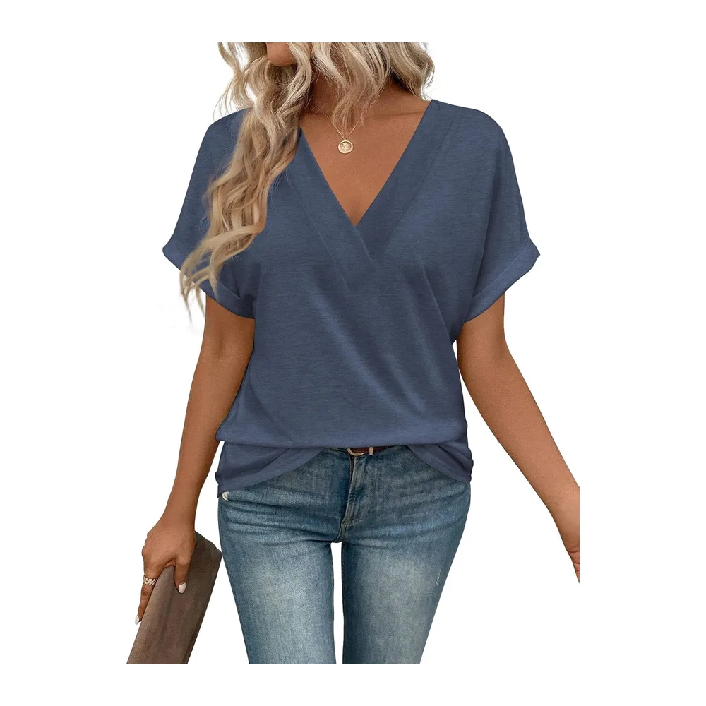 Tee Shirt Col V Manche Courte Tshirt Ete Décontracté Haut — Bleu Marine