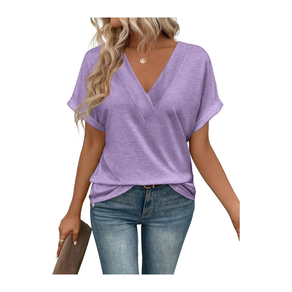 Tee Shirt Col V Manche Courte Tshirt Ete Décontracté Haut — Violet