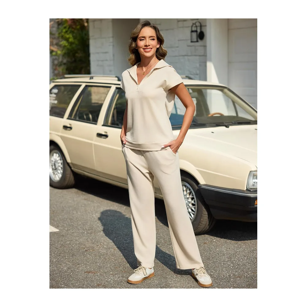 2-Piece Sports Tracksuit Set Jogging Short Sleeve Sports Trousers Casual Yoga — Abricot