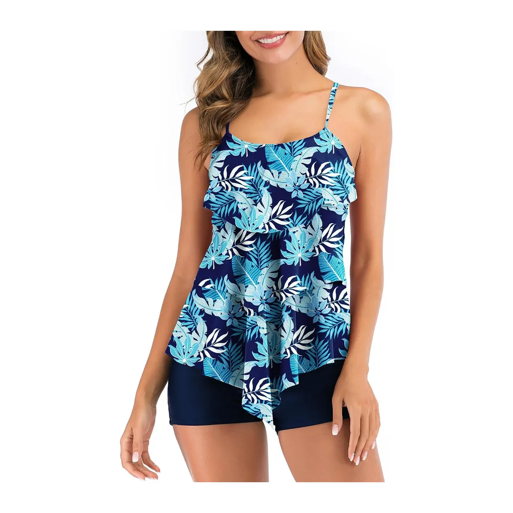 Maillot de Bain Tankini Ensembles à Volants Maillot Haut Imprimé avec Short — Deepgreen