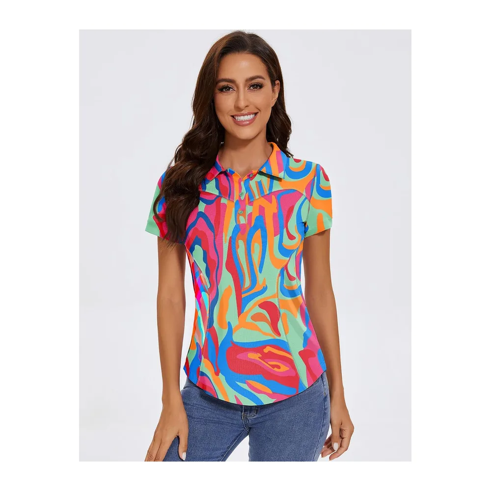 Polo de golf à manches courtes et col en coton léger anti-humidité, haut — Rouge Floral