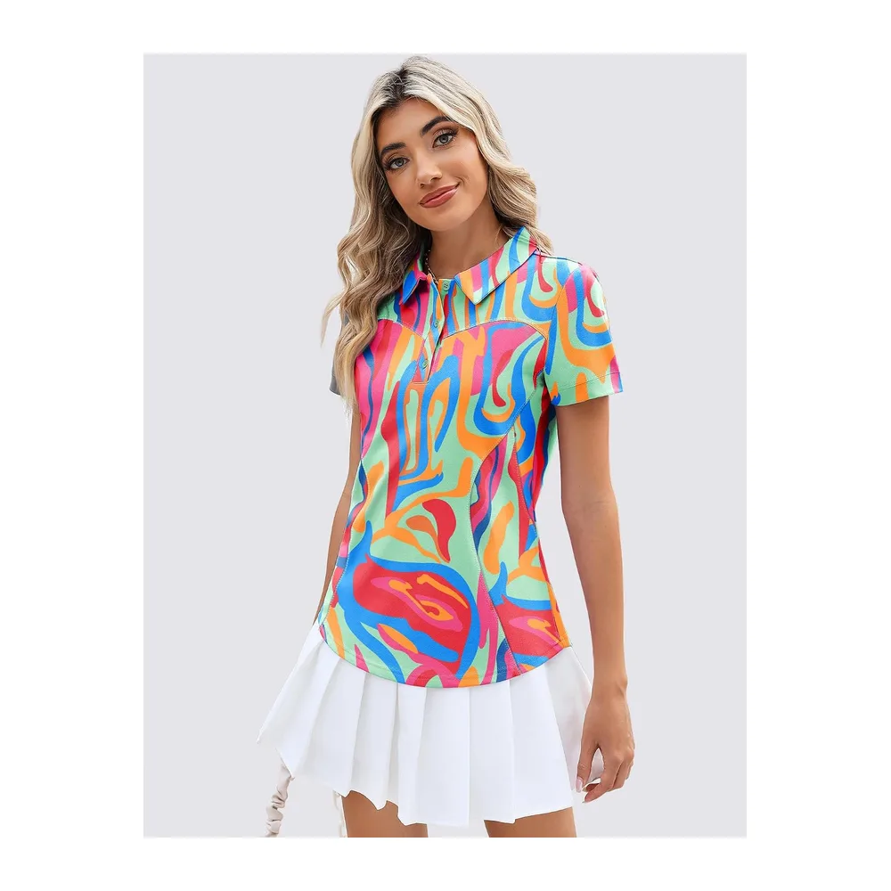 Polo de golf à manches courtes et col en coton léger anti-humidité, haut — Rouge Floral