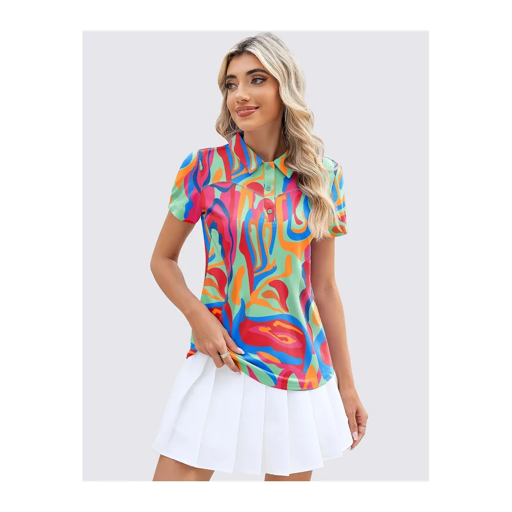 Polo de golf à manches courtes et col en coton léger anti-humidité, haut — Rouge Floral