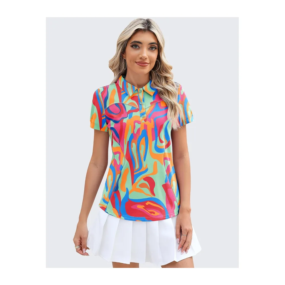 Polo de golf à manches courtes et col en coton léger anti-humidité, haut — Rouge Floral