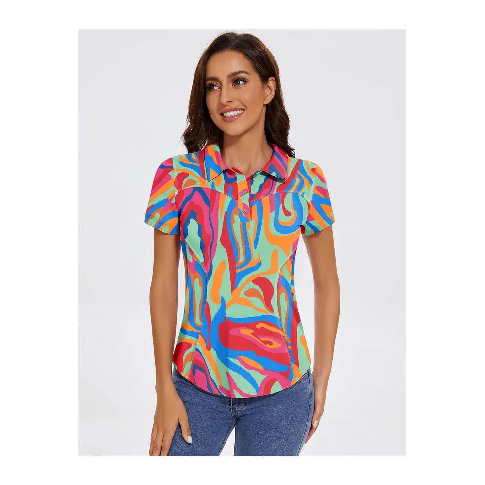 Polo de golf à manches courtes et col en coton léger anti-humidité, haut — Rouge Floral