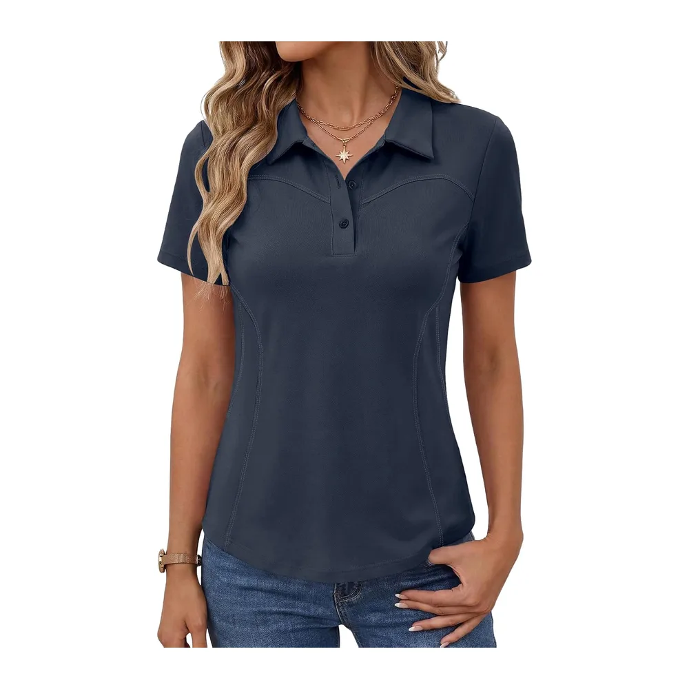 Polo de golf à manches courtes et col en coton léger anti-humidité, haut de — Bleu Marine