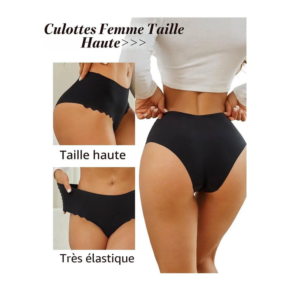 Culotte sans Couture Invisible Taille Haute — (Noir, Abricot, Lilas, Gris Moka, Jaune