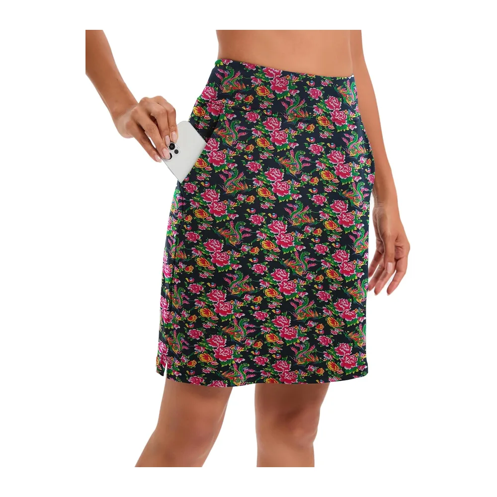Jupe avec short intégré, longueur genou, taille haute, pour le sport — Motif Floral Vert