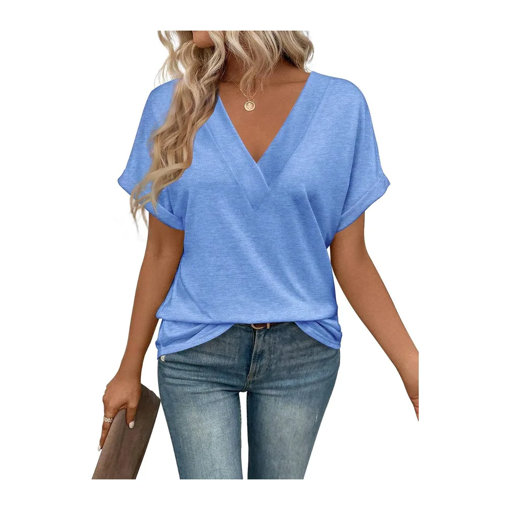 Tee Shirt Col V Manche Courte Tshirt Ete Décontracté Haut — Bleu