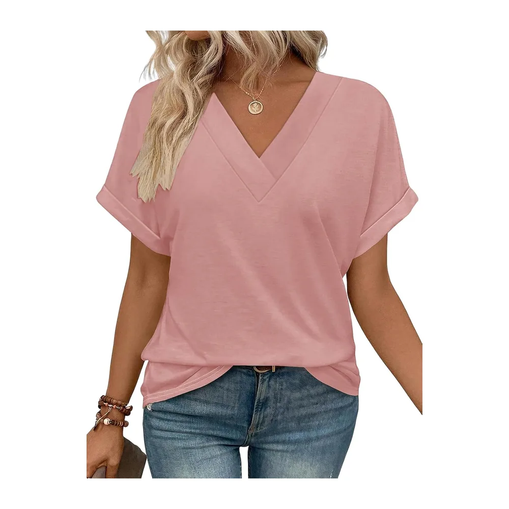 Tee Shirt Col V Manche Courte Tshirt Ete Décontracté Haut — Rose