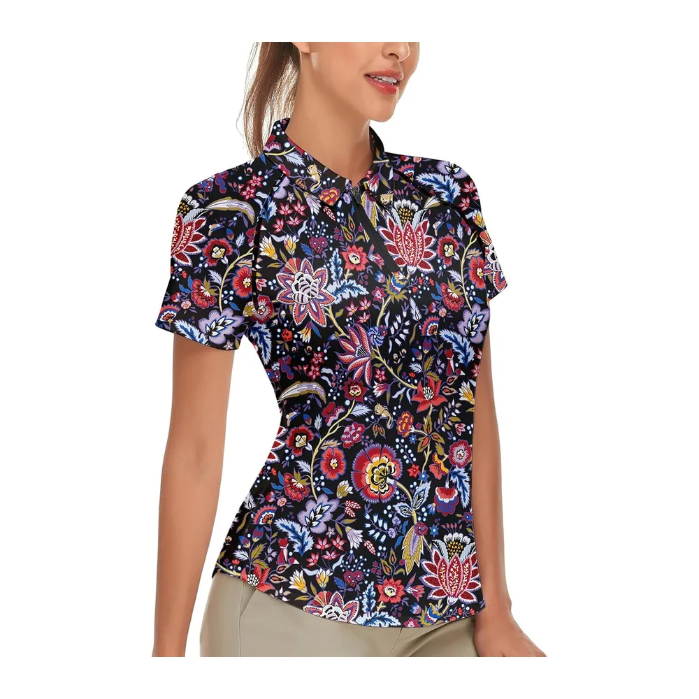 Polo Manches Courtes/sans Manches avec 1/4 Zipper d'été T Shirt — Fleurs Multicolores.