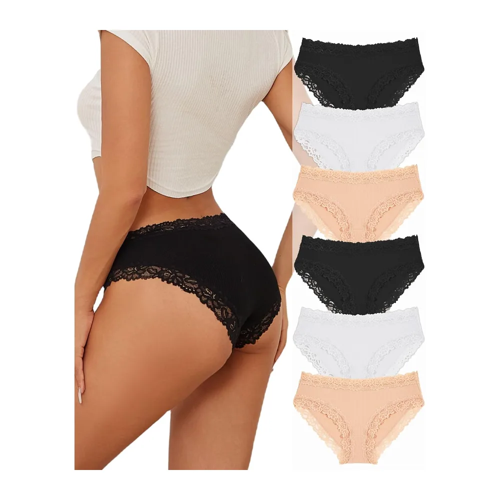 Sous-vêtements en Coton Caleçons Slip Dentelle Culotte — Noir*2 Teint de Peau*2 Blanc*2