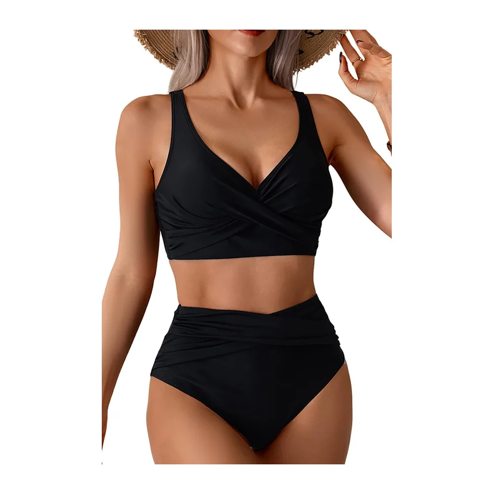 Swimsuit High Waist Swimwear Two Piece Sexy V Neck High Waist Bikini Set — Noir