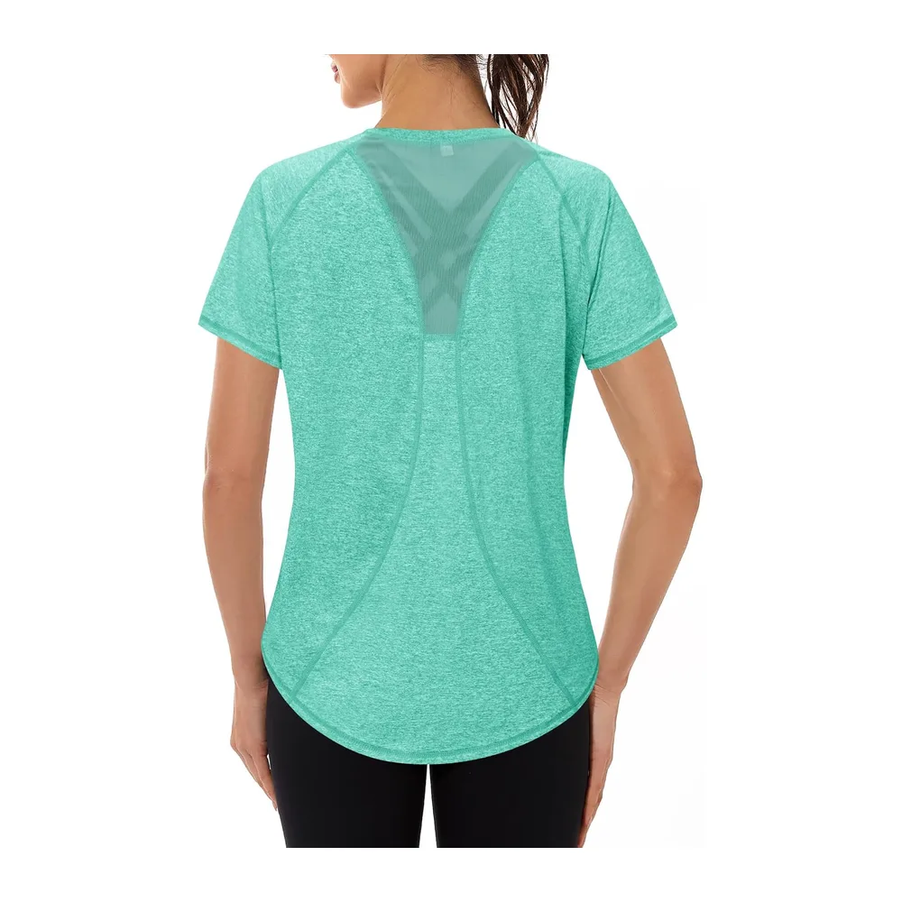 Tee Shirt Sport Anti UV Haut de Fitness Élastique Col Rond Manche Courte — Lagon Vert