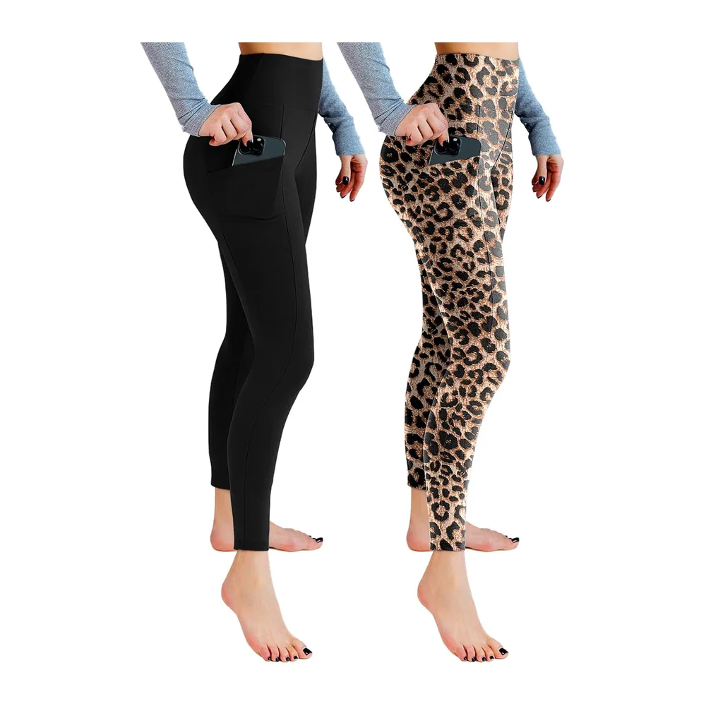 Leggings de sport opaques taille haute avec poches pour — Lot de 2 - Noir/Léopard