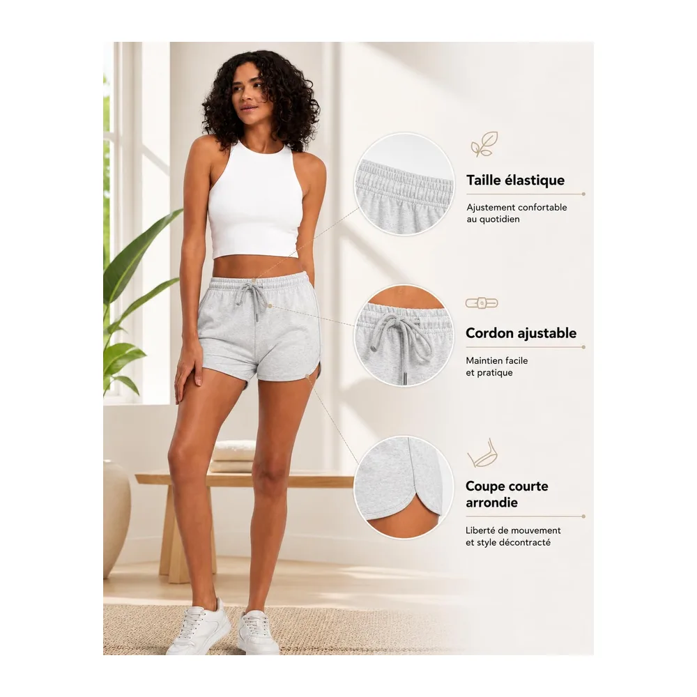 Summer Cotton Shorts Sport Lounge Shorts with Elastic Waist Adjustable Drawstring — Gris