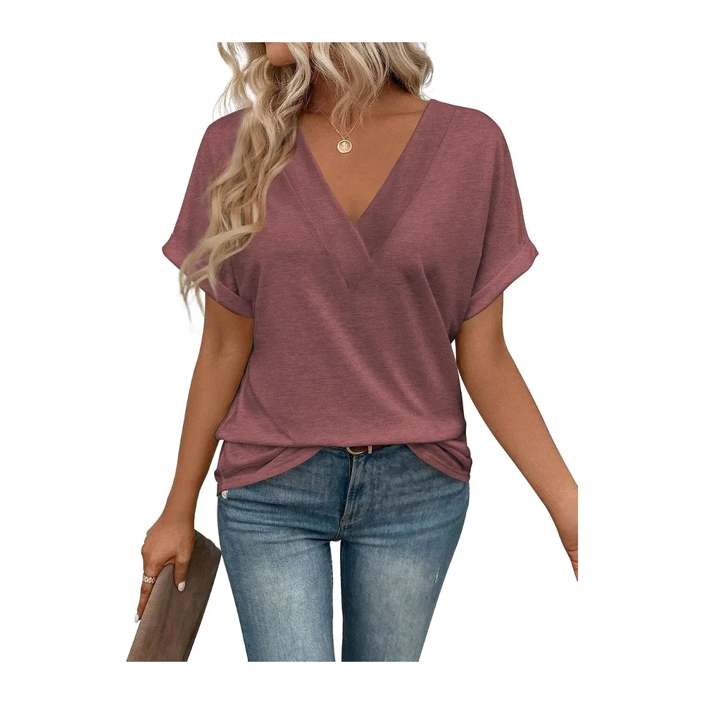 Tee Shirt Col V Manche Courte Tshirt Ete Décontracté Haut — Vin Rouge