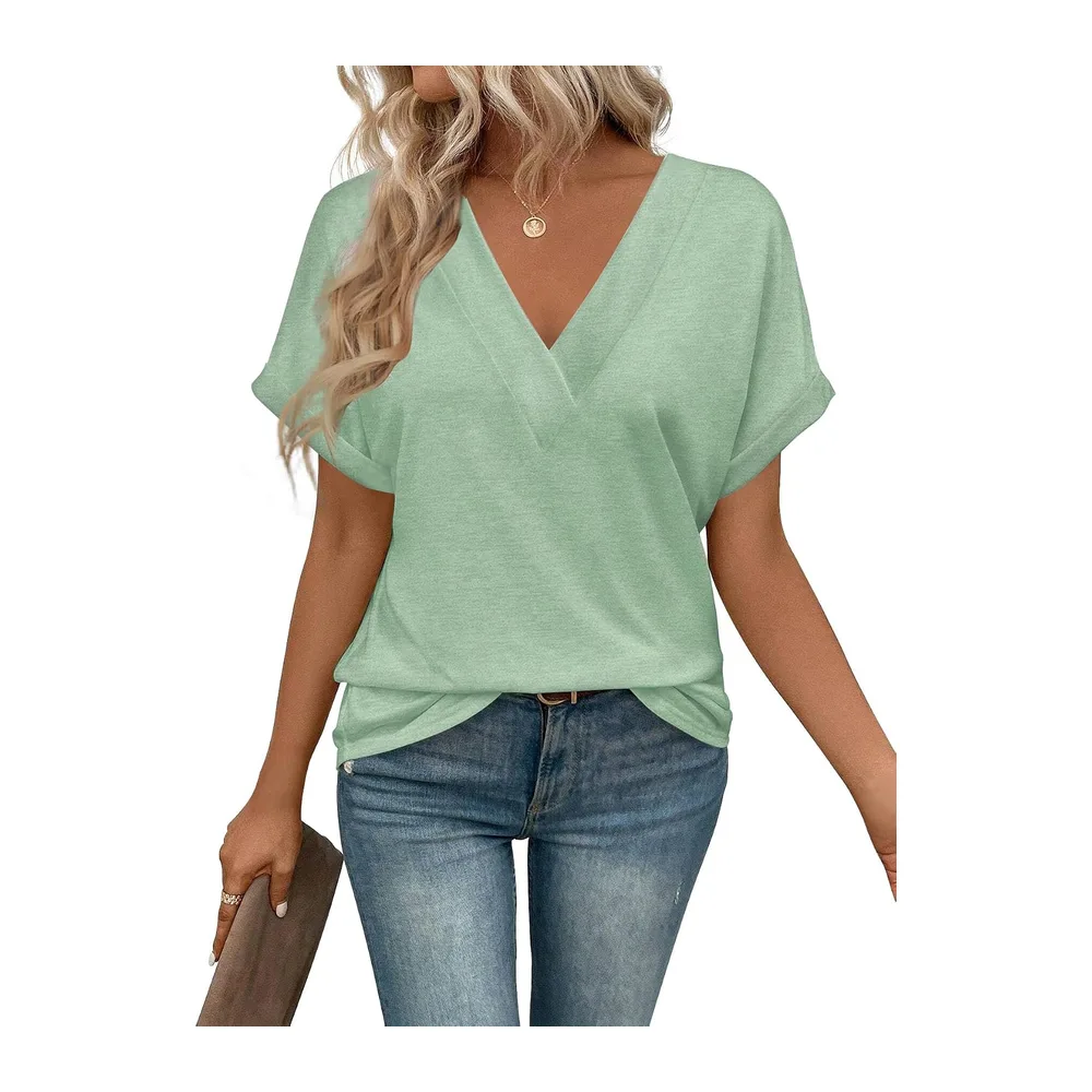 Tee Shirt Col V Manche Courte Tshirt Ete Décontracté Haut — Vert Clair