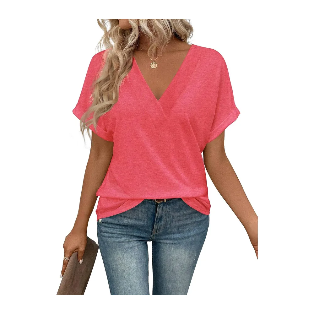 Tee Shirt Col V Manche Courte Tshirt Ete Décontracté Haut — Rouge Pastèque