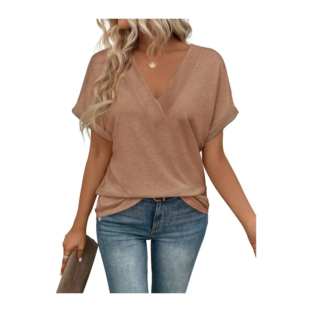 Tee Shirt Col V Manche Courte Tshirt Ete Décontracté Haut — Brun