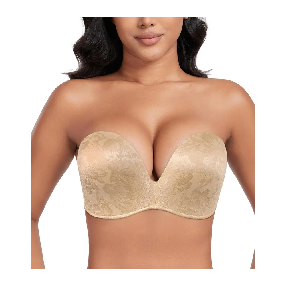 Soutien-Gorge sans Bretelles Push Up Dos Nu rembourré Deep V Convertible — Fleurs Beige