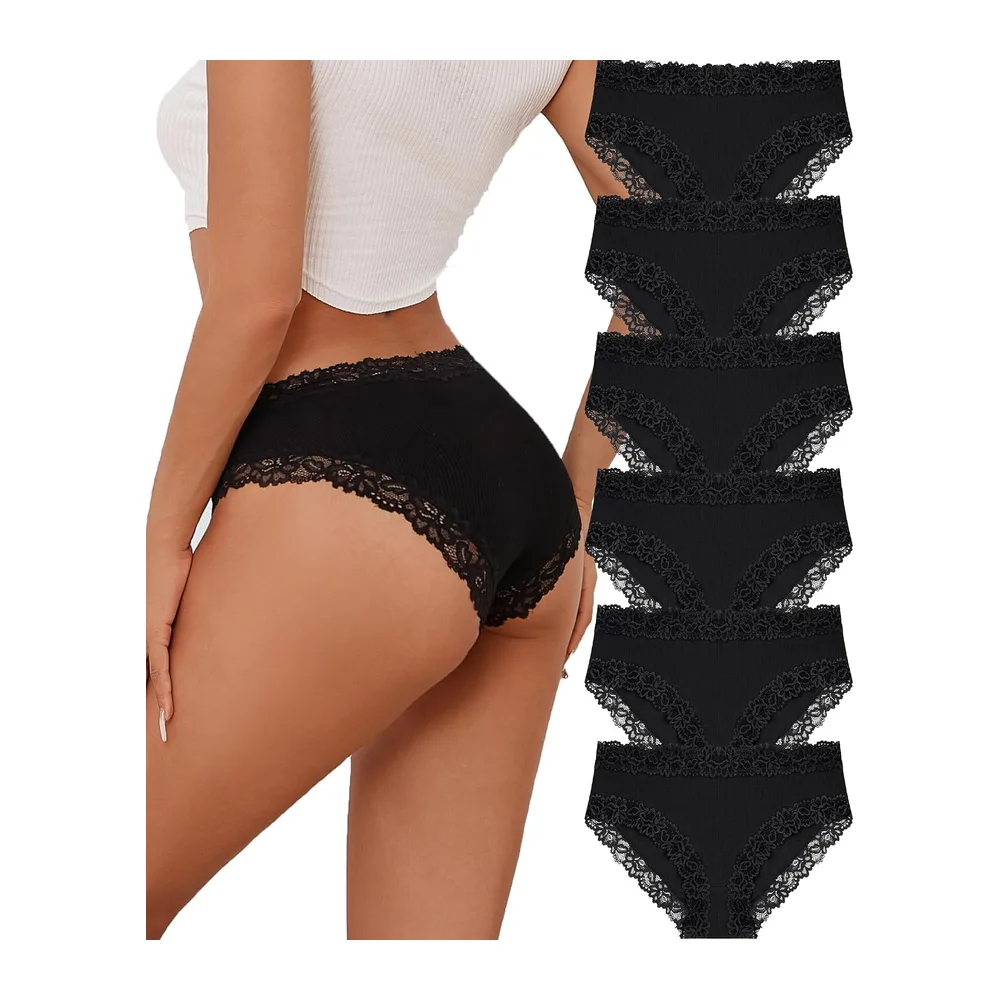 Sous-vêtements en Coton Caleçons Slip Dentelle Culotte Soft Hipster Sexy Panties — Noir*6