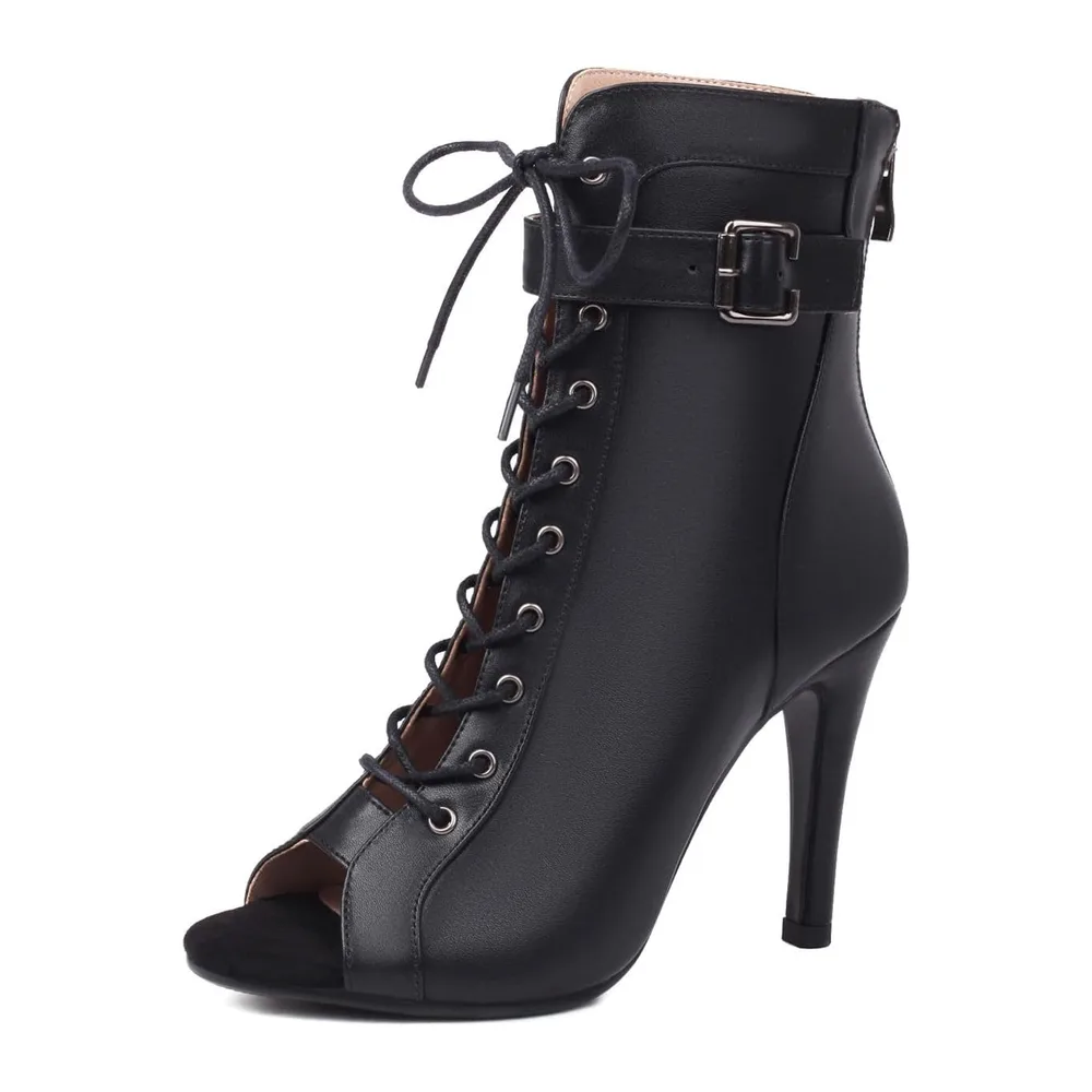 Dance Boots Lace Up Peep Toe Jazz Salsa Bachata Dance Heels Heels Heel — Noir