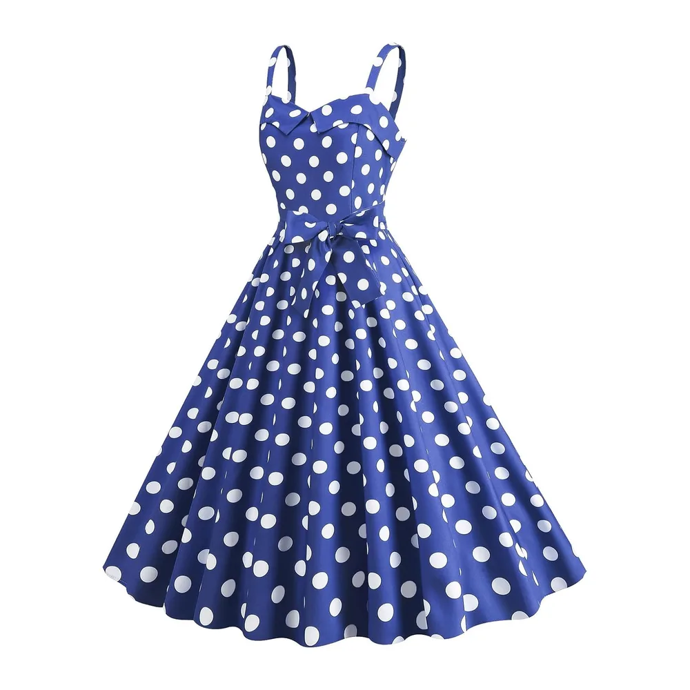 Robe trapèze rétro sans manches avec ceinture à pois et ourlet large — Bleu