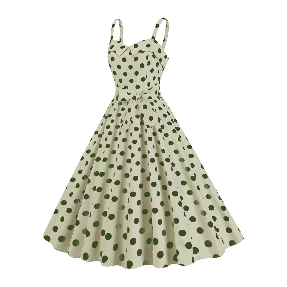 Robe trapèze rétro sans manches avec ceinture à pois et ourlet large — Vert Menthe