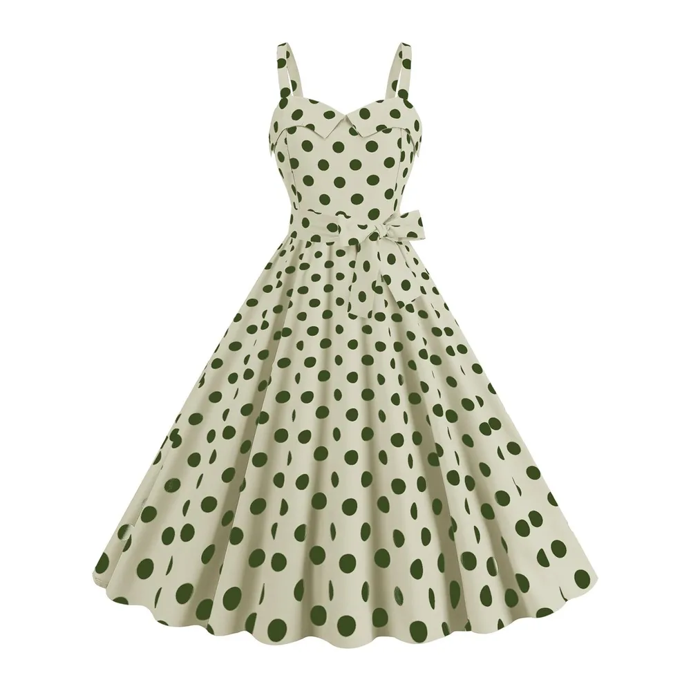 Robe trapèze rétro sans manches avec ceinture à pois et ourlet large — Vert Menthe