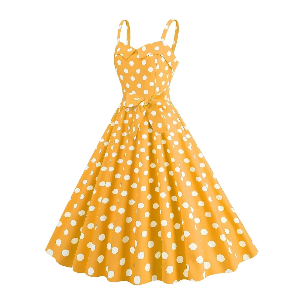 Robe trapèze rétro sans manches avec ceinture à pois et ourlet large — Jaune