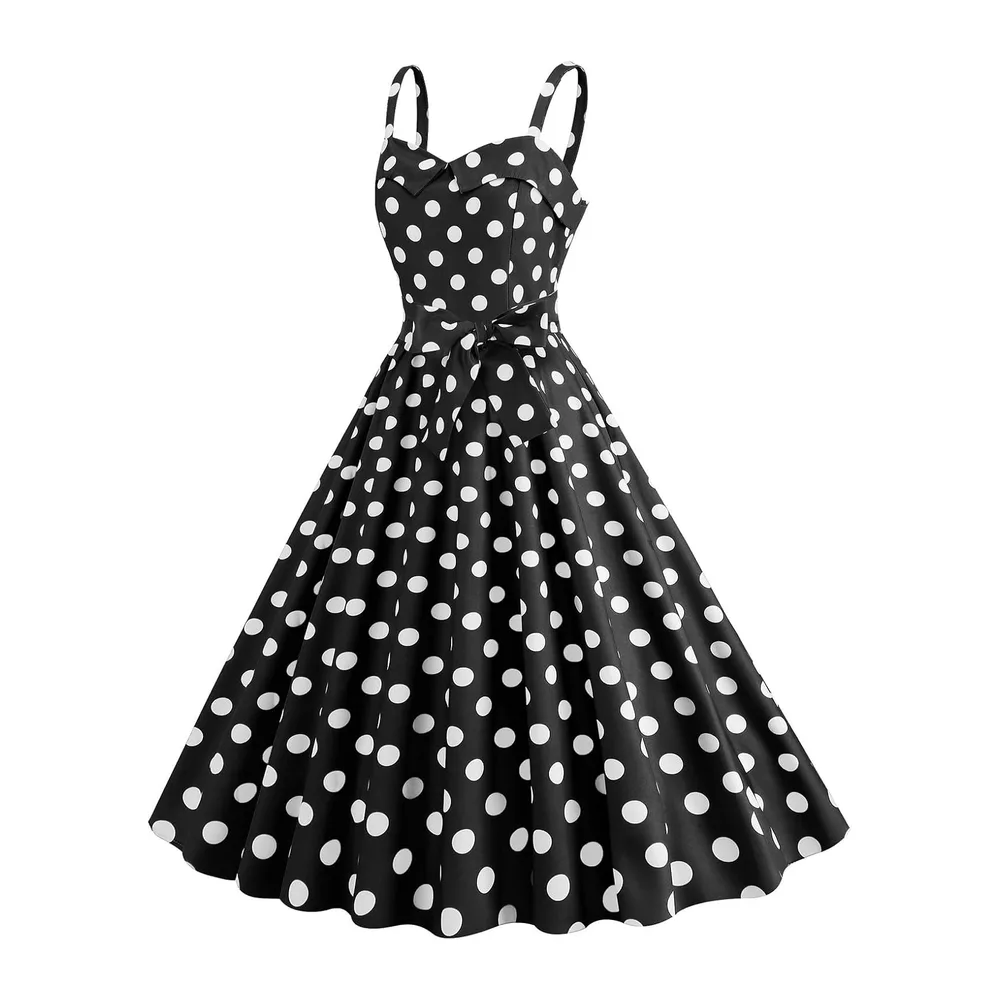 Robe trapèze rétro sans manches avec ceinture à pois et ourlet large — Noir