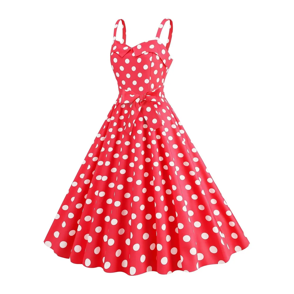 Robe trapèze rétro sans manches avec ceinture à pois et ourlet large — Rouge