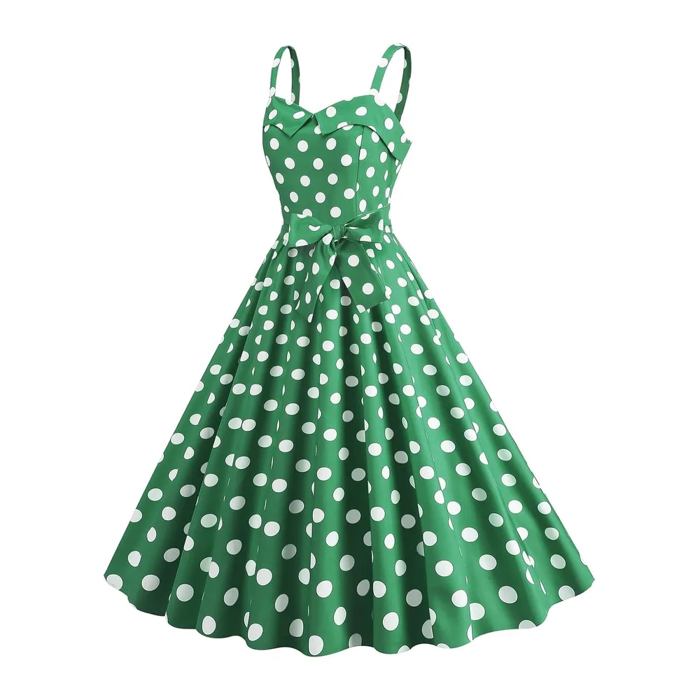 Robe trapèze rétro sans manches avec ceinture à pois et ourlet large — Vert