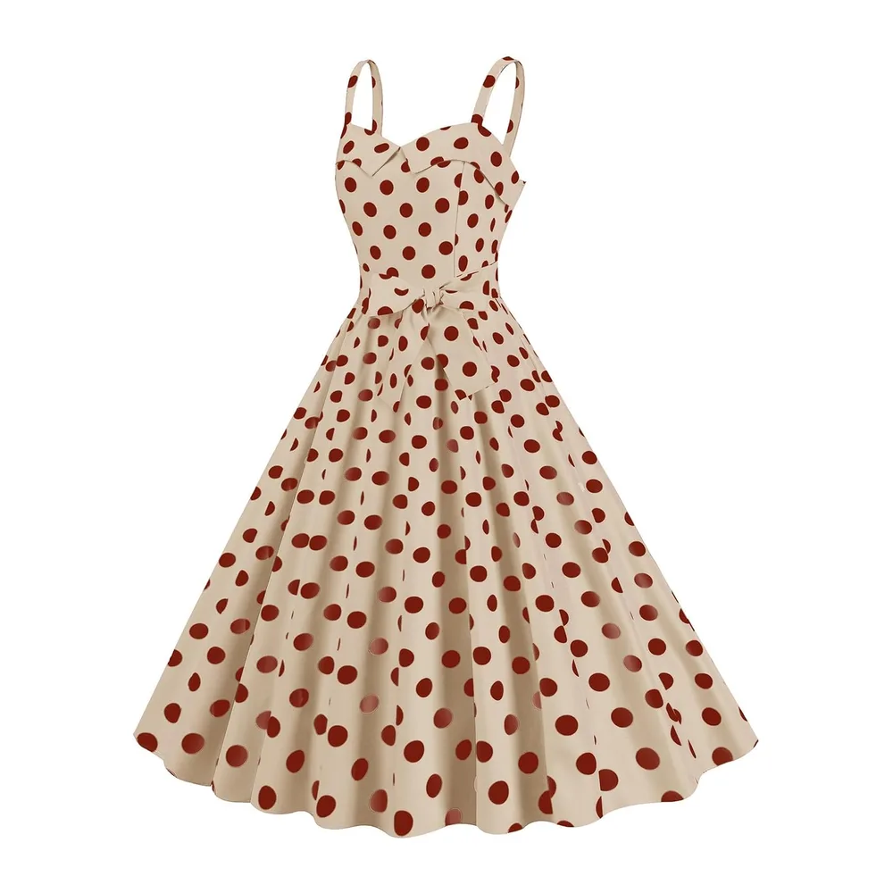 Robe trapèze rétro sans manches avec ceinture à pois et ourlet large — Kaki