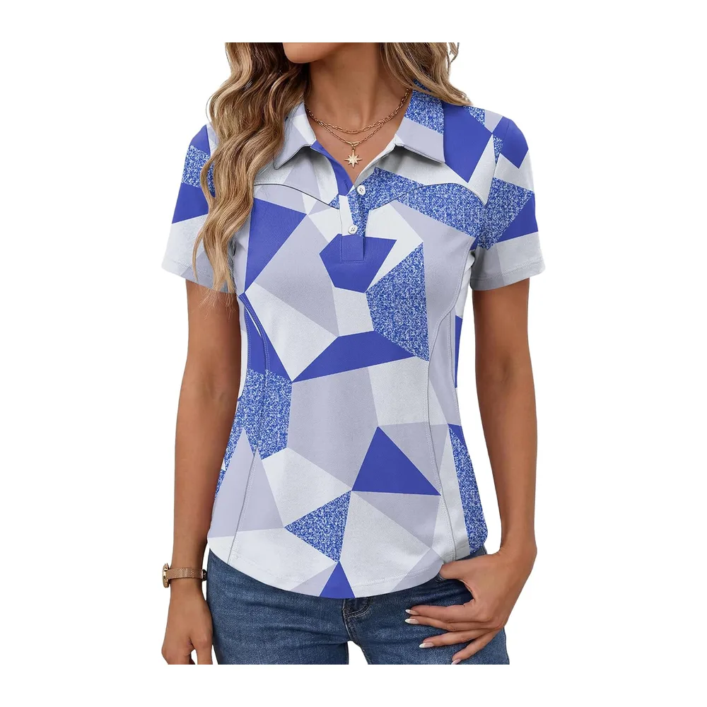 Polo de golf à manches courtes et col en coton léger — Motif Floral Bleu et Blanc