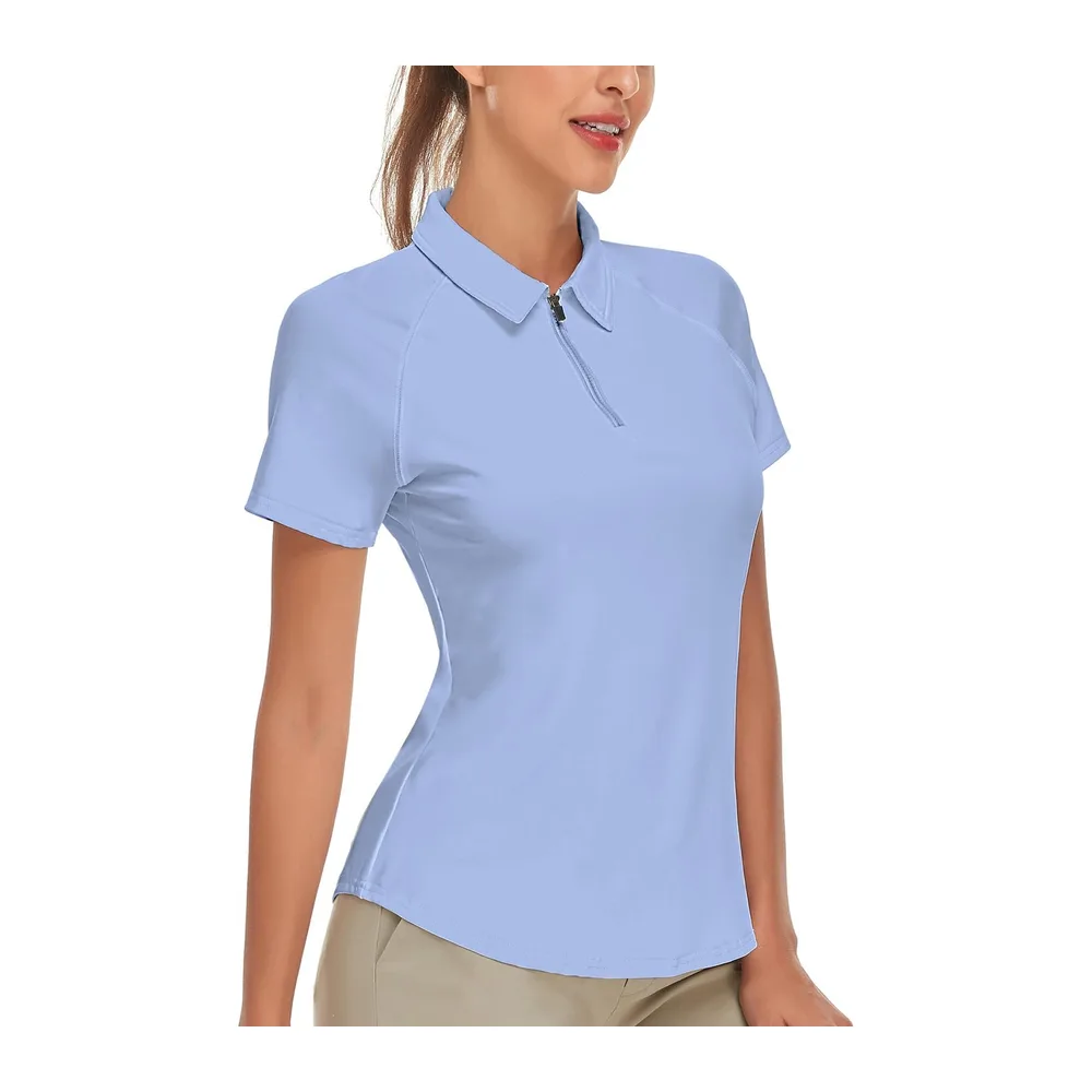 Polo Manches Courtes/sans Manches avec 1/4 Zipper d'été T Shirt Sport Blanc — Bleu Clair