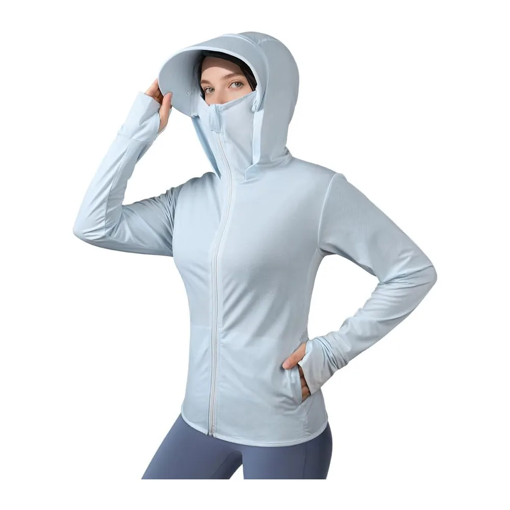 UPF50+ Veste à Capuche, Vestes de Sport Protection Solaire Respirant avec Poches — Bleu