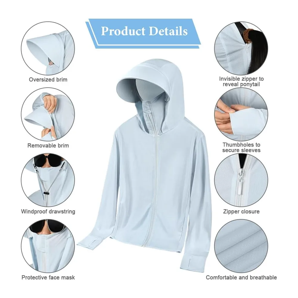 UPF50+ Veste à Capuche, Vestes de Sport Protection Solaire Respirant avec Poches — Bleu