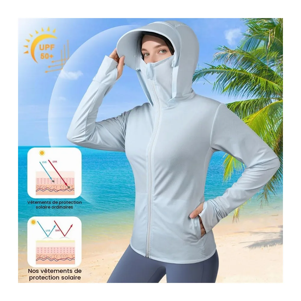 UPF50+ Veste à Capuche, Vestes de Sport Protection Solaire Respirant avec Poches — Bleu