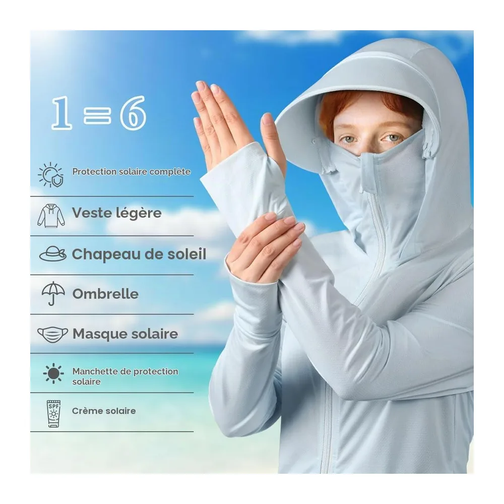 UPF50+ Veste à Capuche, Vestes de Sport Protection Solaire Respirant avec Poches — Bleu