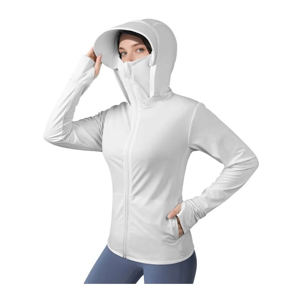 UPF50+ Veste à Capuche, Vestes de Sport Protection Solaire Respirant avec Poches — Blanc