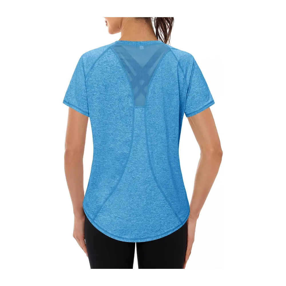 Tee Shirt Sport Anti UV Haut de Fitness Élastique Col Rond Manche Courte — Bleu Clair