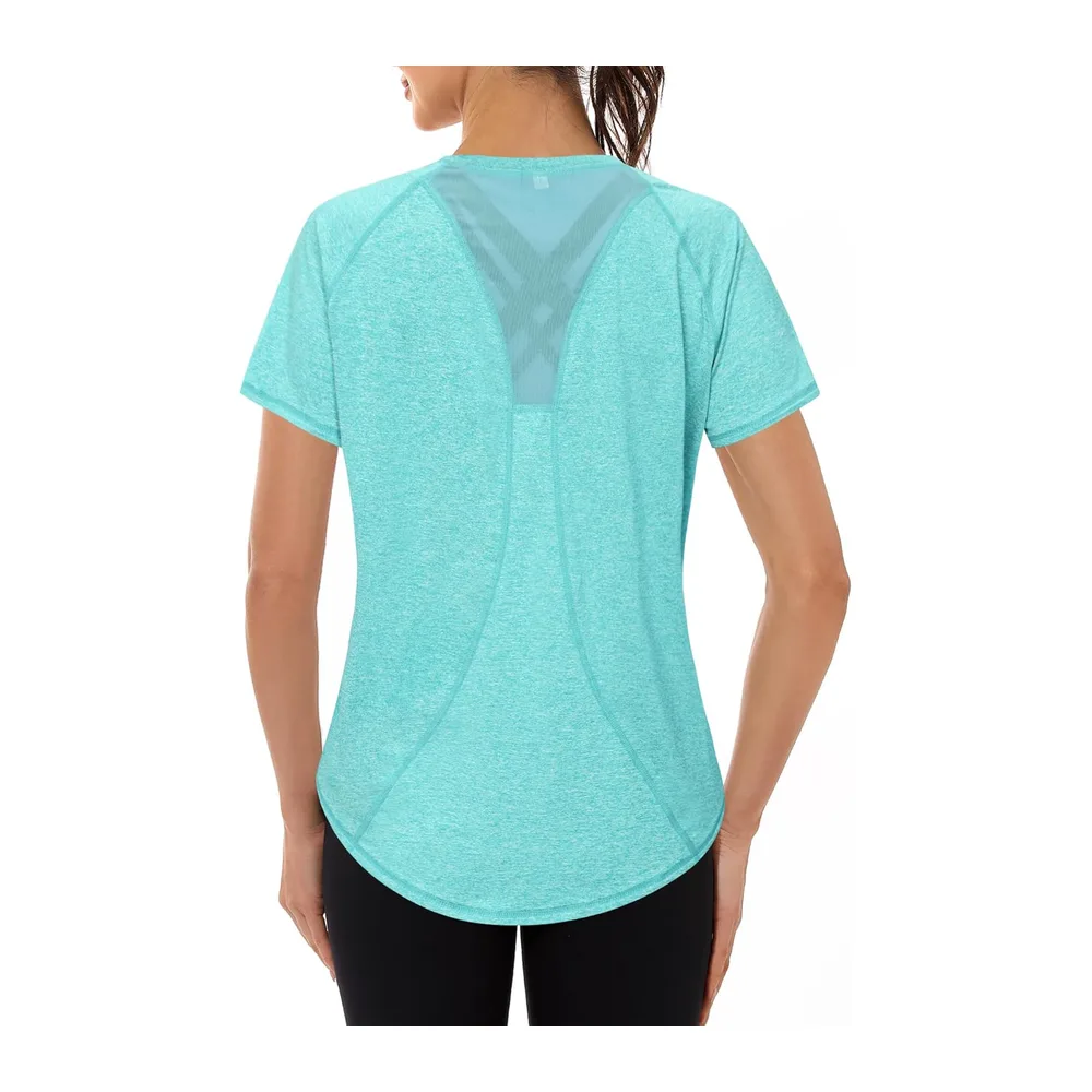 Tee Shirt Sport Anti UV Haut de Fitness Élastique Col Rond Manche Courte — Lac Bleu