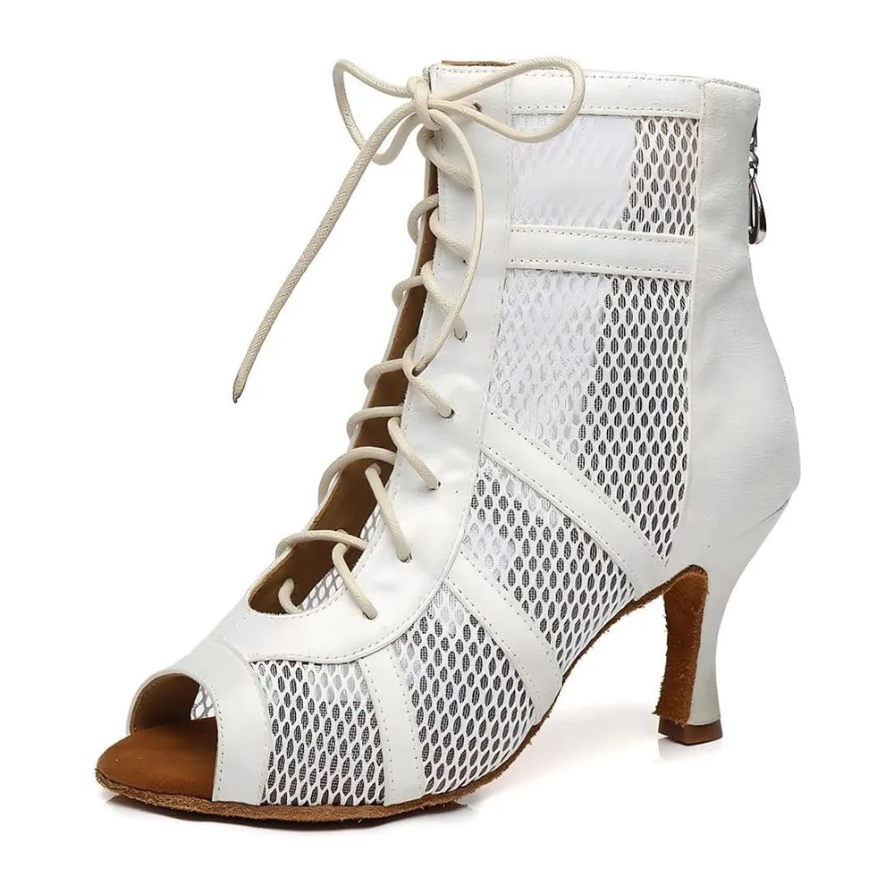 Bottes de Danse Latine Talon avec Lacets Chaussures — Blanc 7 5cm Talon Daim Semelle