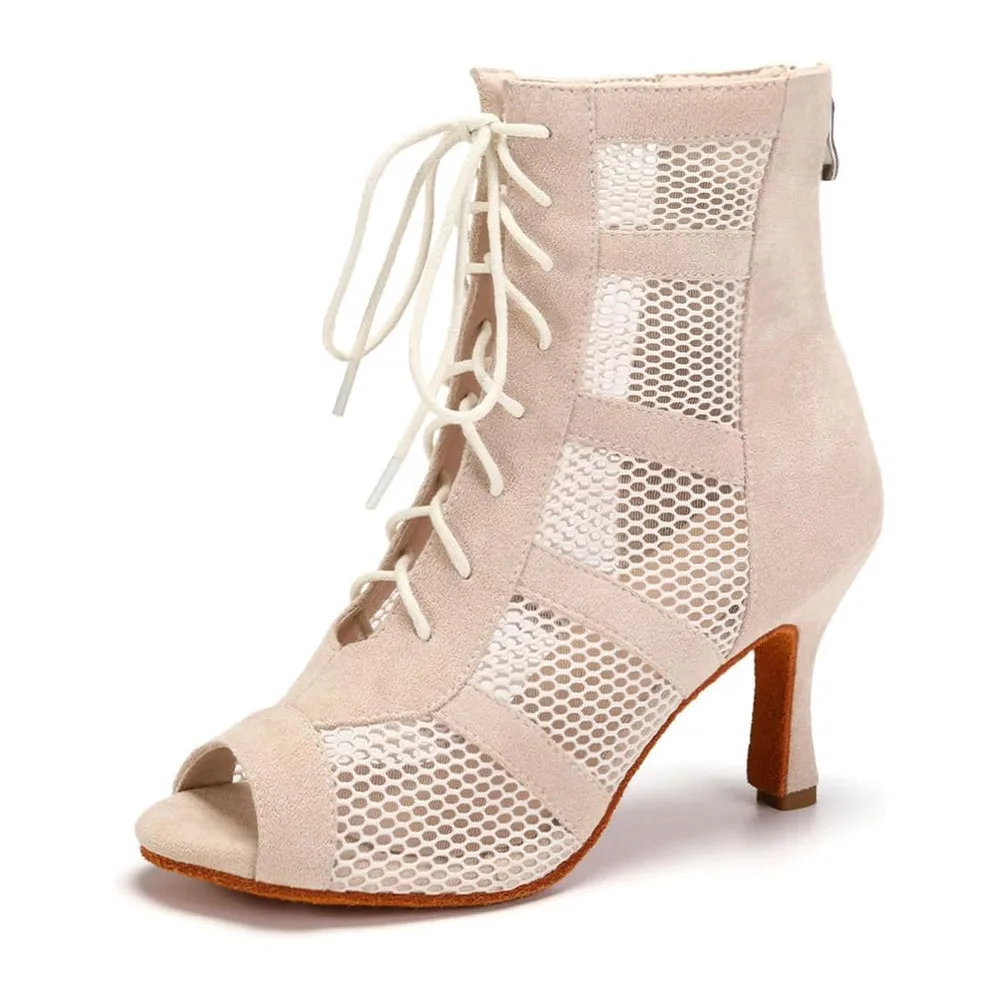 Bottes de Danse Latine Talon avec Lacets Chaussures — Beige 7 5cm Talon Daim Semelle