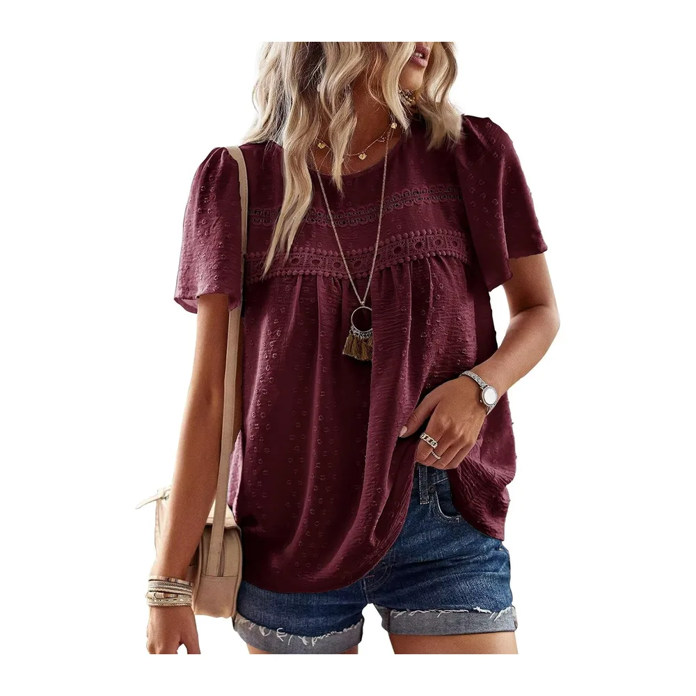 Chemisier Boho Blouse Manches Courtes Col Rond Tunique Fluide — Rouge Bordeaux